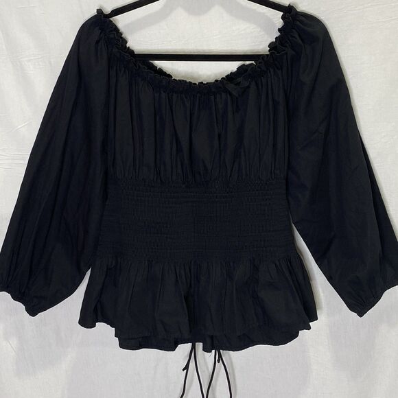 Spoon Jeans Blouse Corset Tie Peplum Elastic Boat Neck Womens 2X Black - Picture 2 of 12